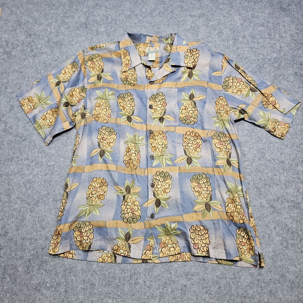 Reyn Spooner‎ Hawaiian Shirt Linen Mens Medium Pineapple Regency Textured Aloha